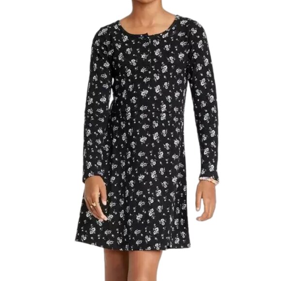 Girls' Henley Long Sleeve Knit Dress - art class Black Floral M - Picture 1 of 2